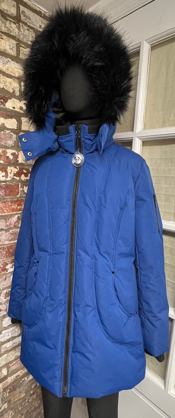 HFX Blue Coat, Faux Fur Trimmed Hood, Size L, Excellent Condition